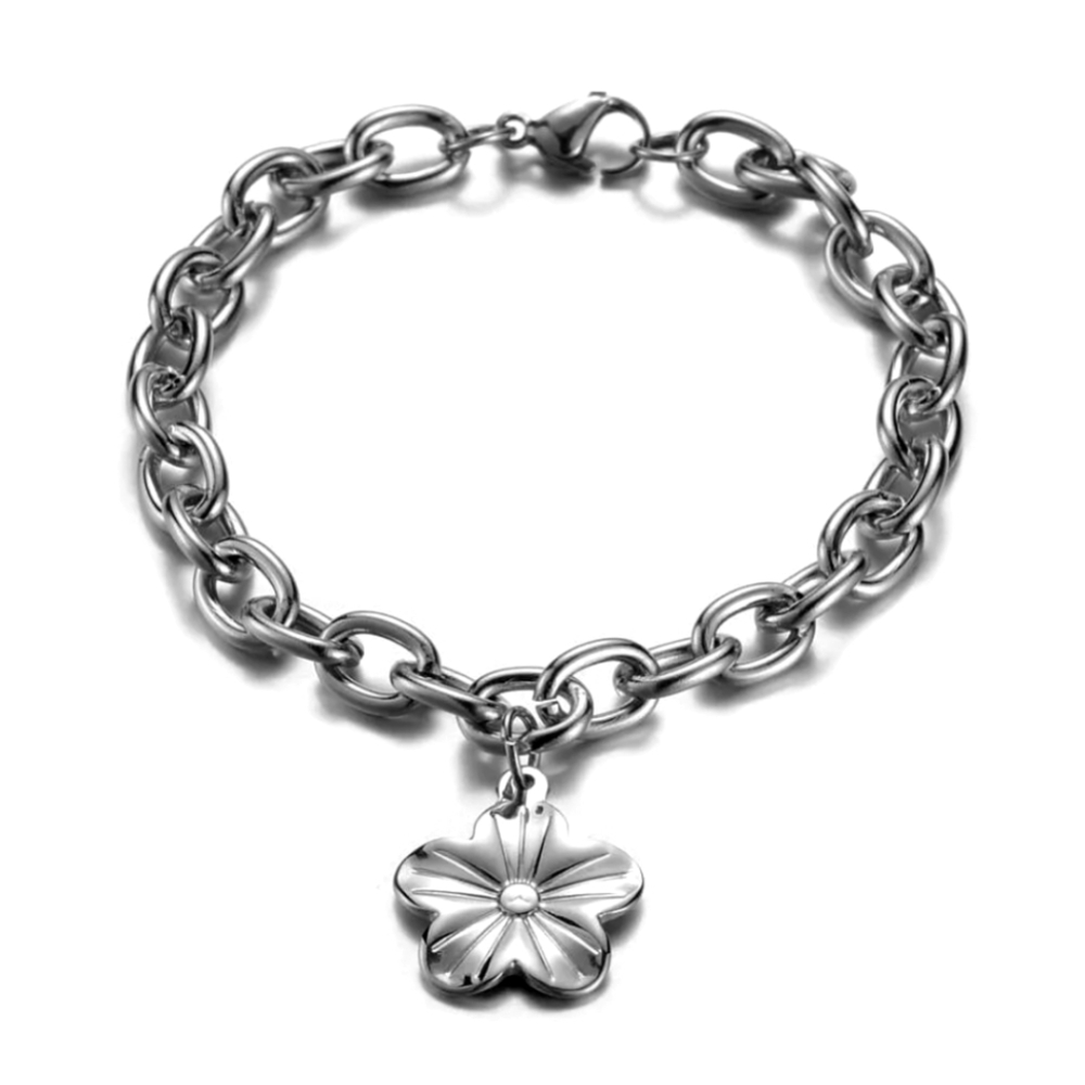 Stainless Steel Charm Bracelet Lobster Flower Silver 8" Inch